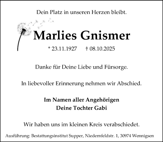 Traueranzeige von Marlies Gnismer von Hannoversche Allgemeine Zeitung/Neue Presse