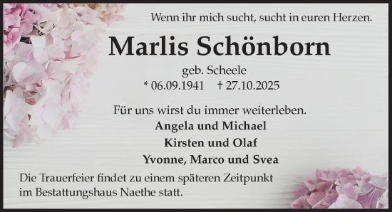 Traueranzeige von Marlis Schönborn von Hannoversche Allgemeine Zeitung/Neue Presse