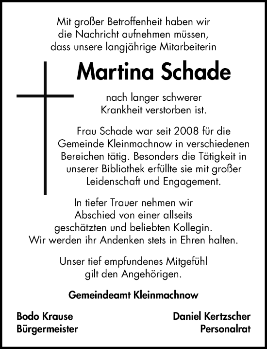 Traueranzeige von Martina Schade von Märkischen Allgemeine Zeitung