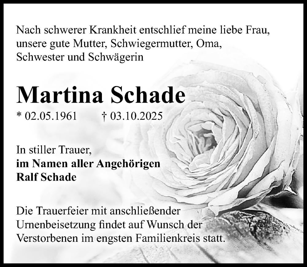  Traueranzeige für Martina Schade vom 18.10.2025 aus Märkischen Allgemeine Zeitung