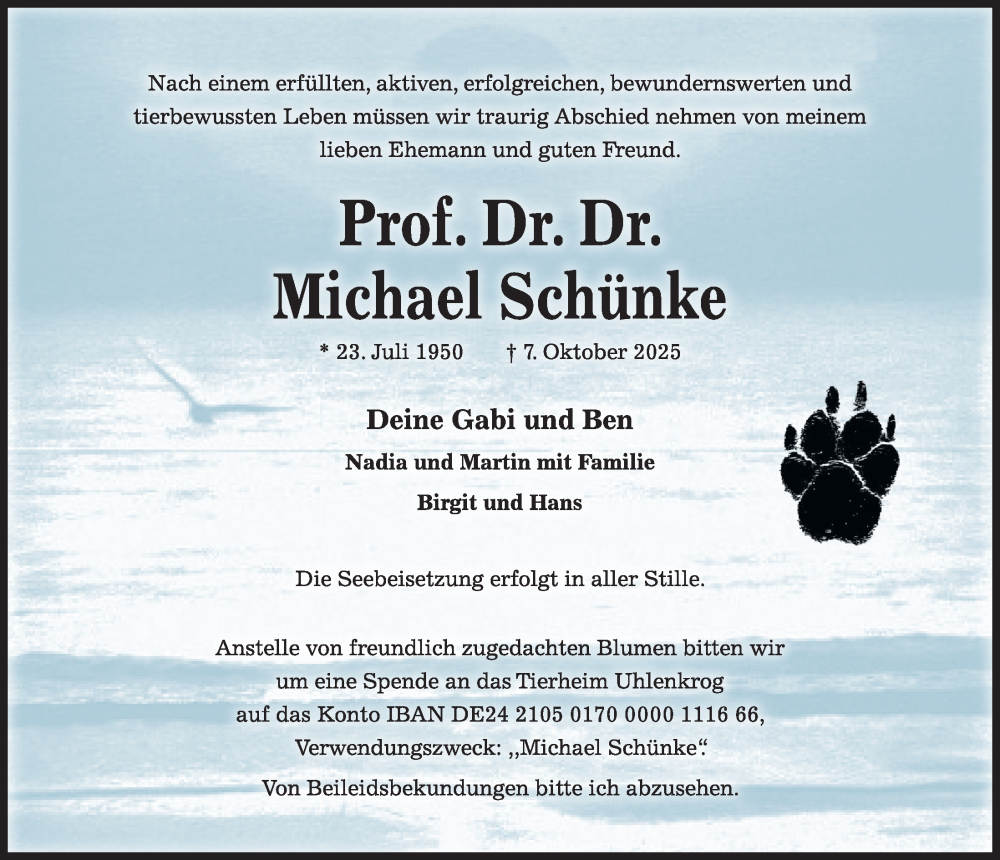  Traueranzeige für Michael Schünke vom 11.10.2025 aus Kieler Nachrichten