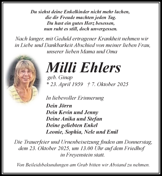 Traueranzeige von Milli Ehlers von Wochenspiegel