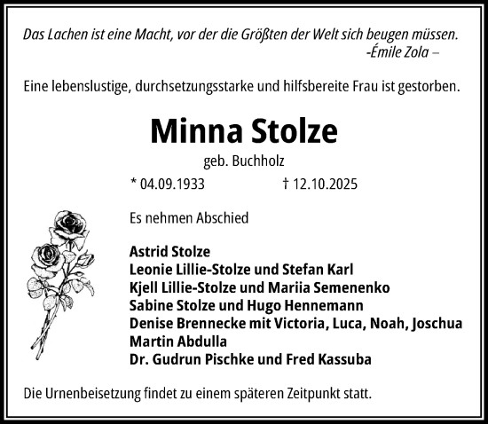 Traueranzeige von Minna Stolze von Hannoversche Allgemeine Zeitung/Neue Presse
