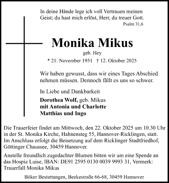 Traueranzeige von Monika Mikus von Hannoversche Allgemeine Zeitung/Neue Presse