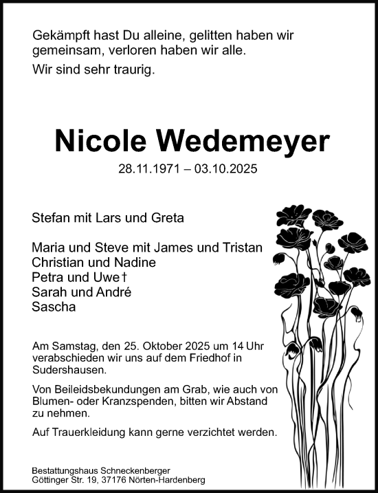Traueranzeige von Nicole Wedemeyer von Göttinger Tageblatt