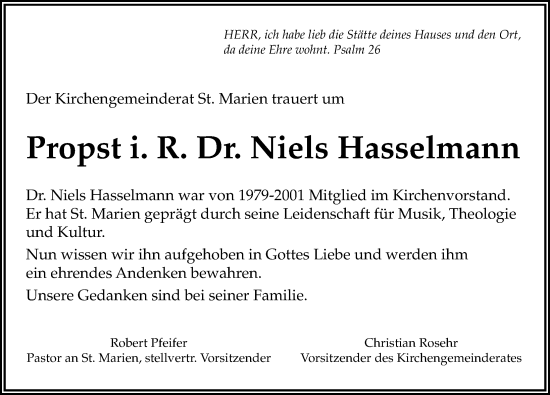 Traueranzeige von Niels Hasselmann von Lübecker Nachrichten