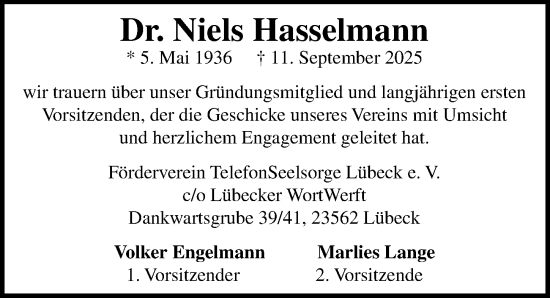 Traueranzeige von Niels Hasselmann von Lübecker Nachrichten