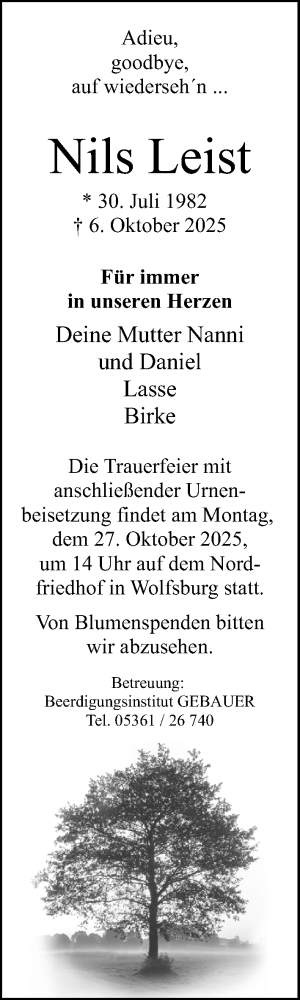 Traueranzeige von Nils Leist von Aller Zeitung