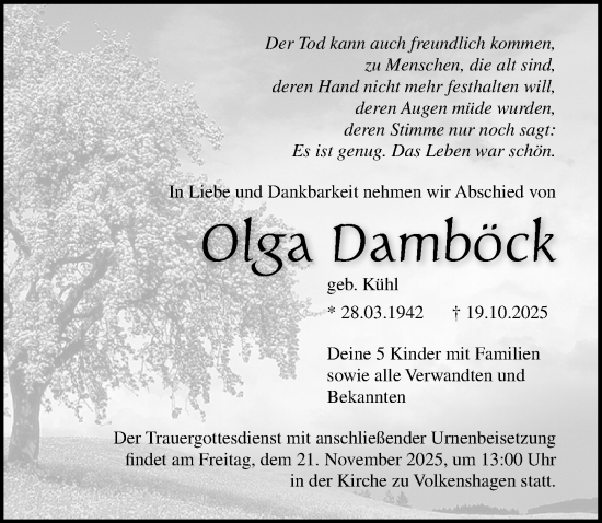 Traueranzeige von Olga Damböck von Ostsee-Zeitung GmbH