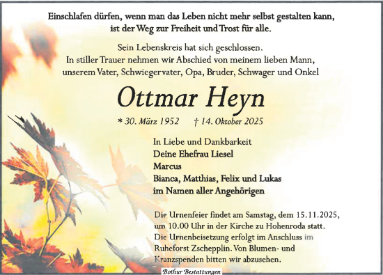 Traueranzeige von Ottmar Heyn von Leipziger Volkszeitung