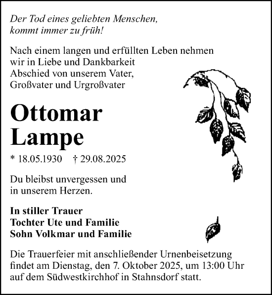 Traueranzeige von Ottomar Lampe von Märkischen Allgemeine Zeitung