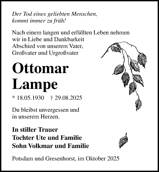 Traueranzeige von Ottomar Lampe von Ostsee-Zeitung GmbH