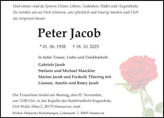 Traueranzeige von Peter Jacob von Hannoversche Allgemeine Zeitung/Neue Presse