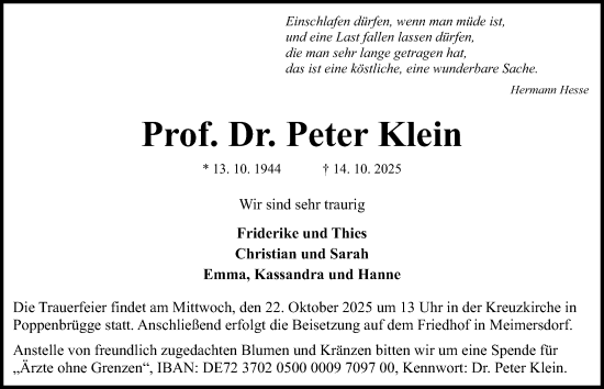Traueranzeige von Peter Klein von Kieler Nachrichten