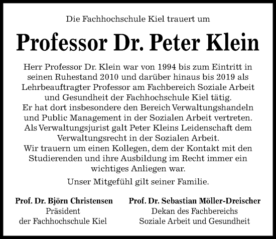 Traueranzeige von Peter Klein von Kieler Nachrichten