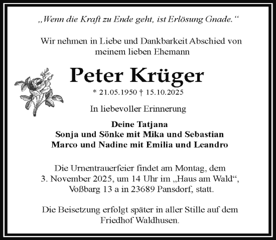 Traueranzeige von Peter Krüger von Lübecker Nachrichten
