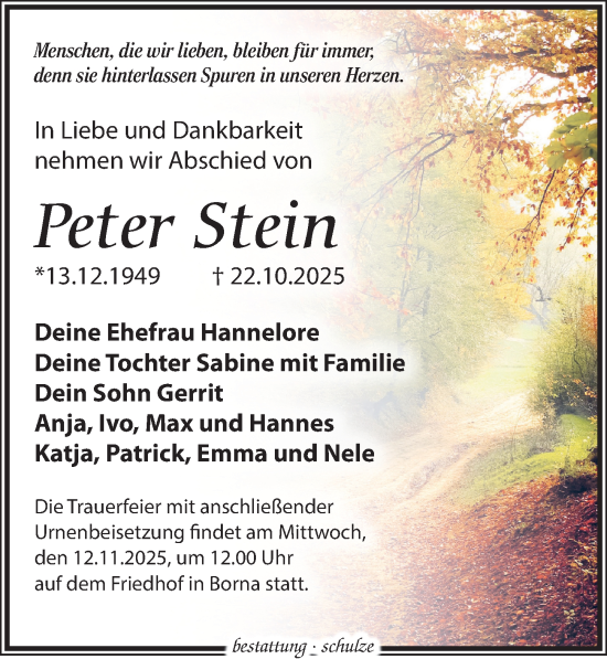Traueranzeige von Peter Stein von Leipziger Volkszeitung