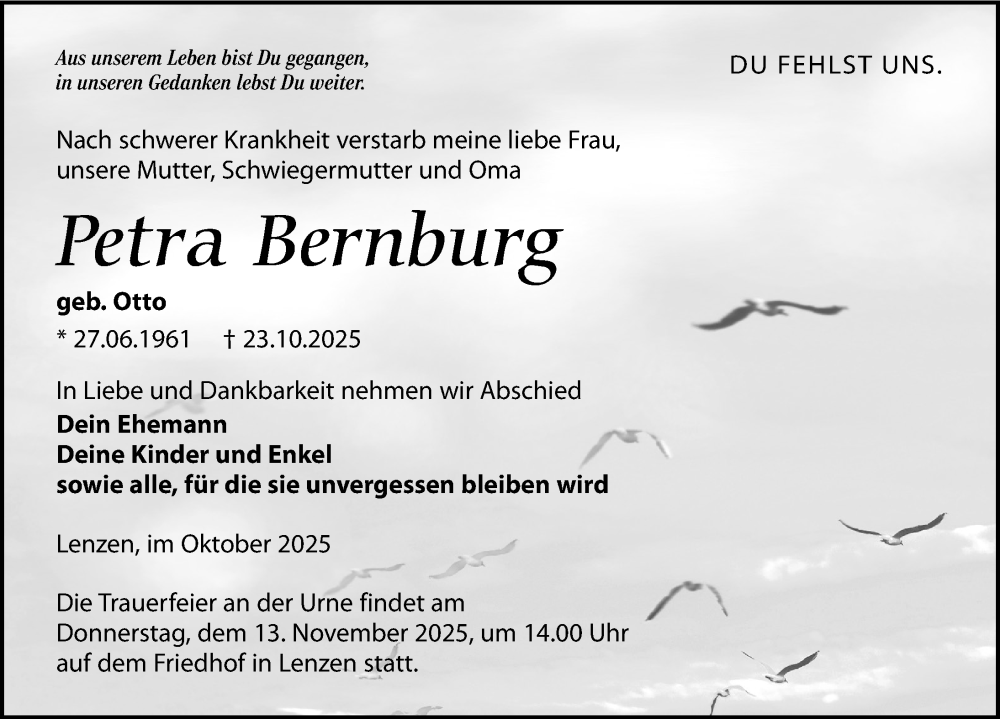  Traueranzeige für Petra Bernburg vom 01.11.2025 aus Wochenspiegel