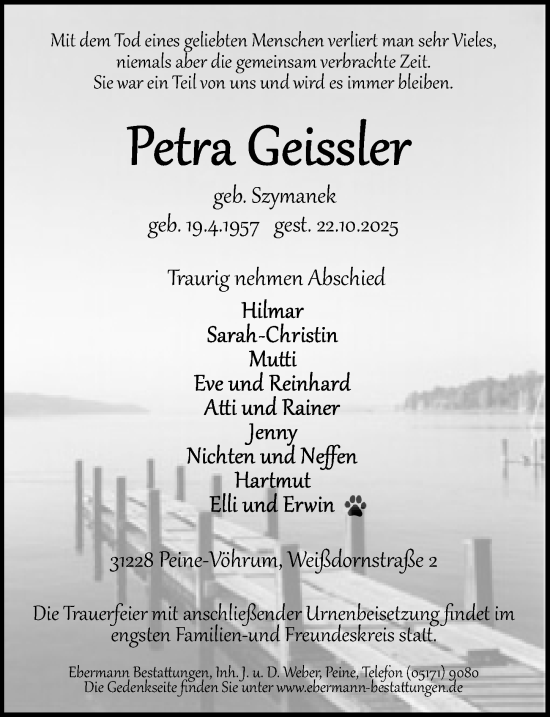 Traueranzeige von Petra Geißler von Peiner Allgemeine Zeitung