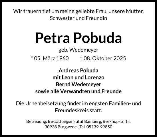 Traueranzeige von Petra Pobuda von Hannoversche Allgemeine Zeitung/Neue Presse