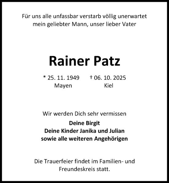 Traueranzeige von Rainer Patz von Kieler Nachrichten