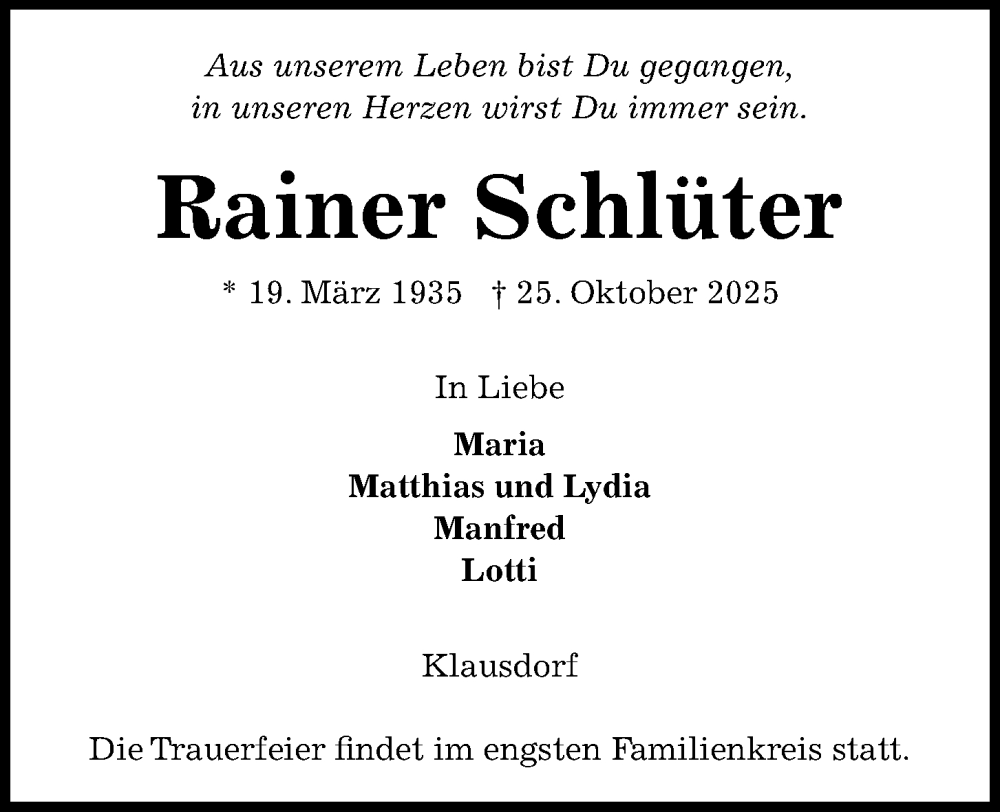  Traueranzeige für Rainer Schlüter vom 01.11.2025 aus Kieler Nachrichten