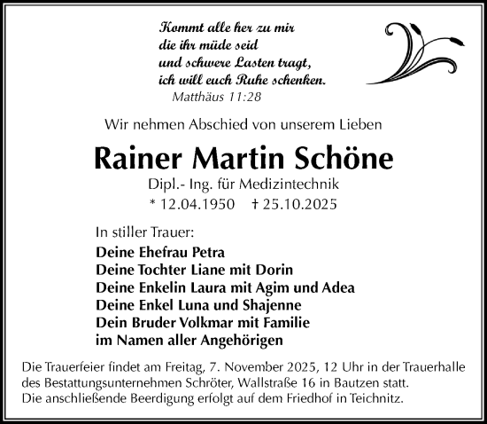 Traueranzeige von Rainer Martin Schöne von Sächsische Zeitung
