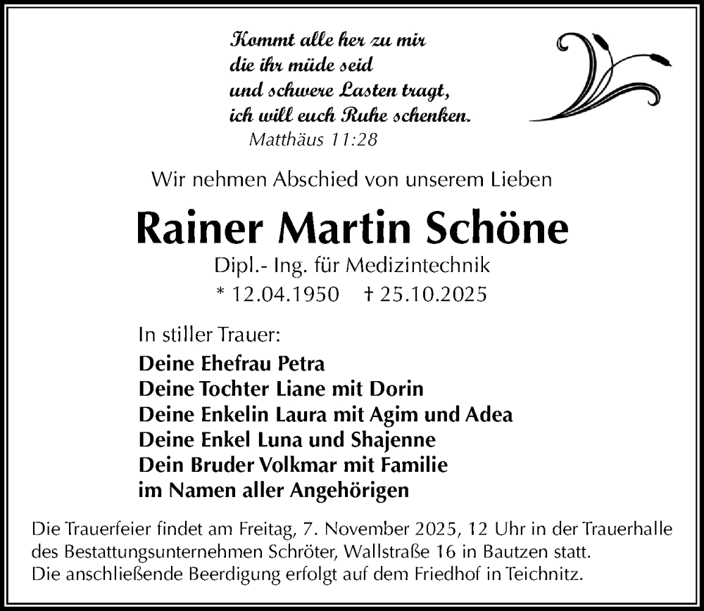  Traueranzeige für Rainer Martin Schöne vom 01.11.2025 aus Sächsische Zeitung