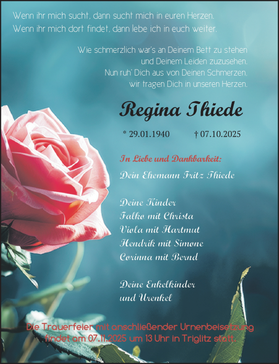 Traueranzeige von Regina Thiede von Märkischen Allgemeine Zeitung