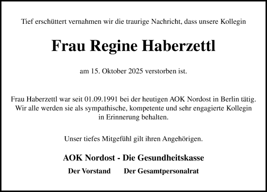 Traueranzeige von Regine Haberzettl von Wochenspiegel