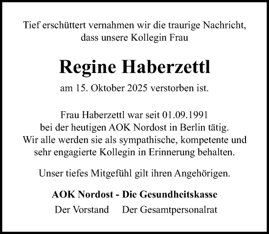 Traueranzeige von Regine Haberzettl von Märkischen Allgemeine Zeitung
