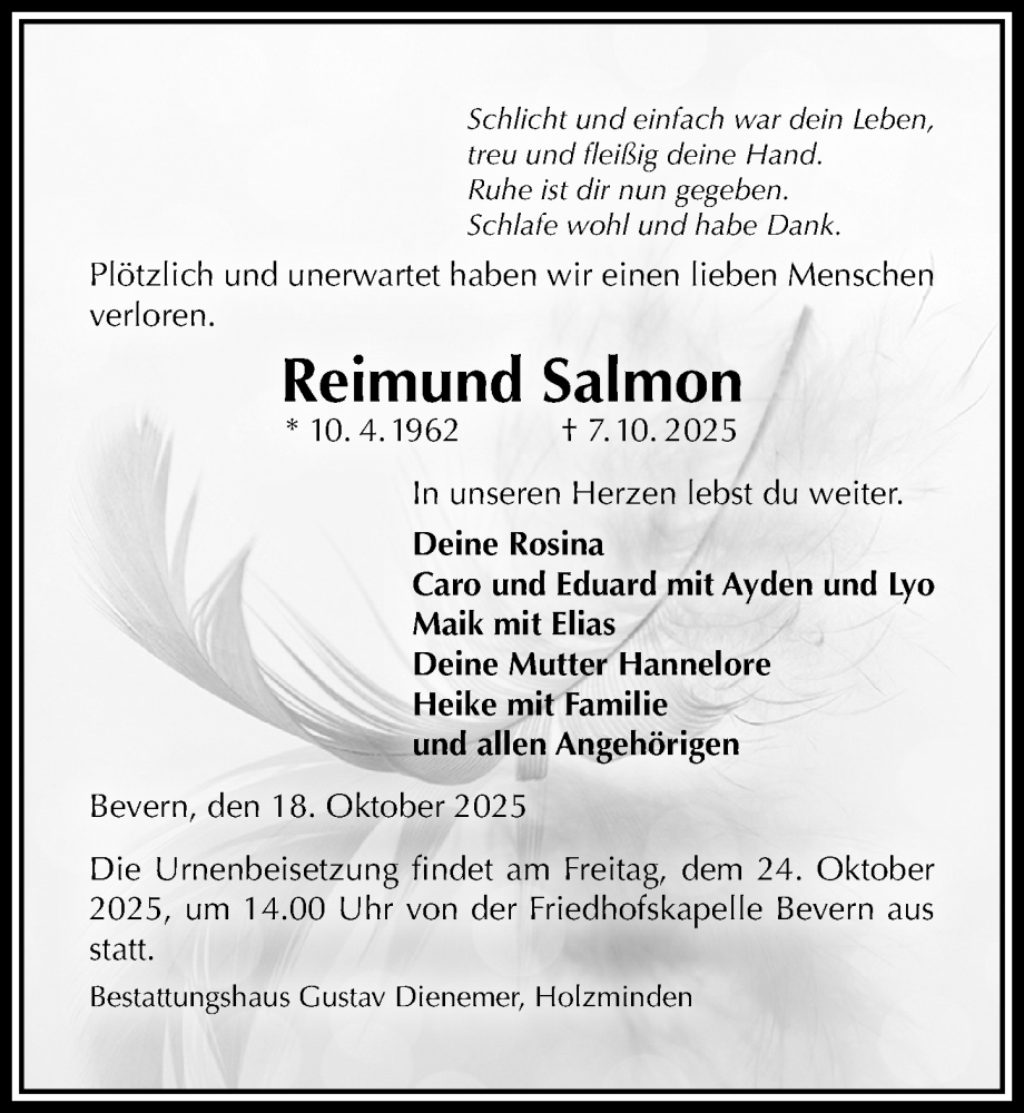  Traueranzeige für Reimund Salmon vom 18.10.2025 aus Täglicher Anzeiger Holzminden