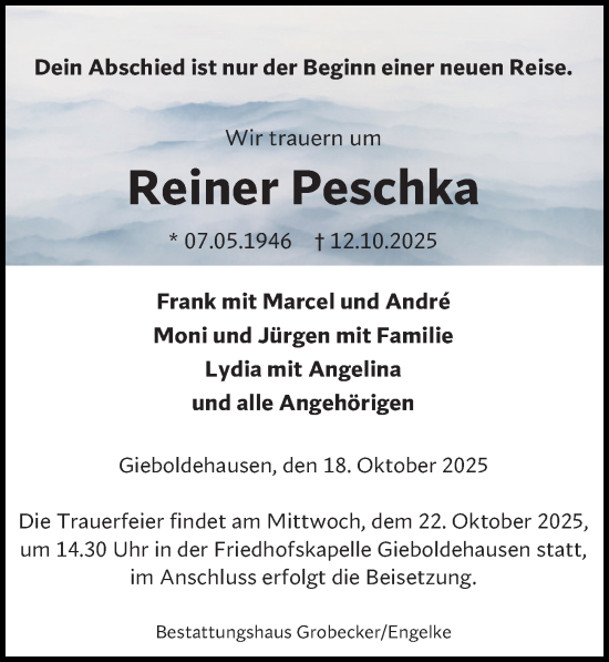 Traueranzeige von Reiner Peschka von Eichsfelder Tageblatt