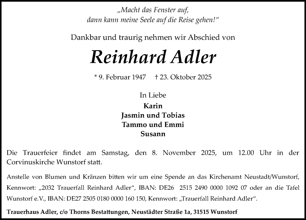  Traueranzeige für Reinhard Adler vom 01.11.2025 aus Hannoversche Allgemeine Zeitung/Neue Presse