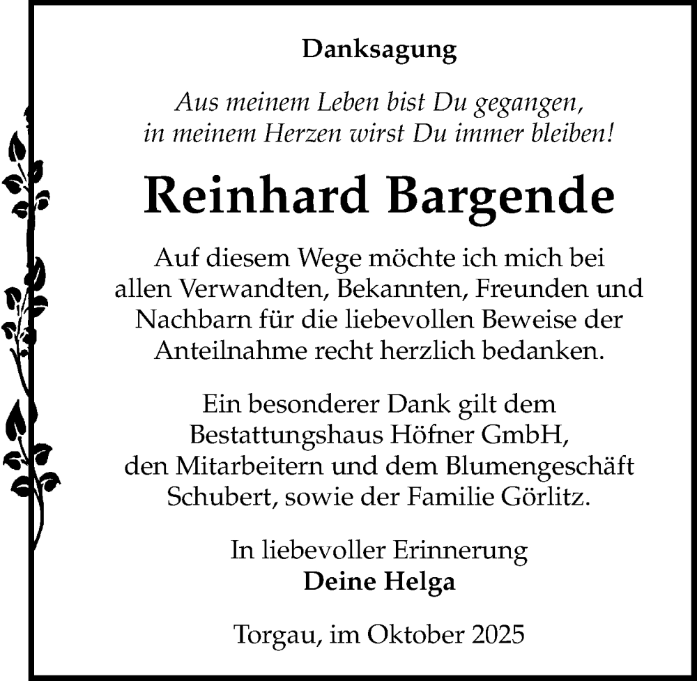  Traueranzeige für Reinhard Bargende vom 26.10.2025 aus Torgauer Zeitung