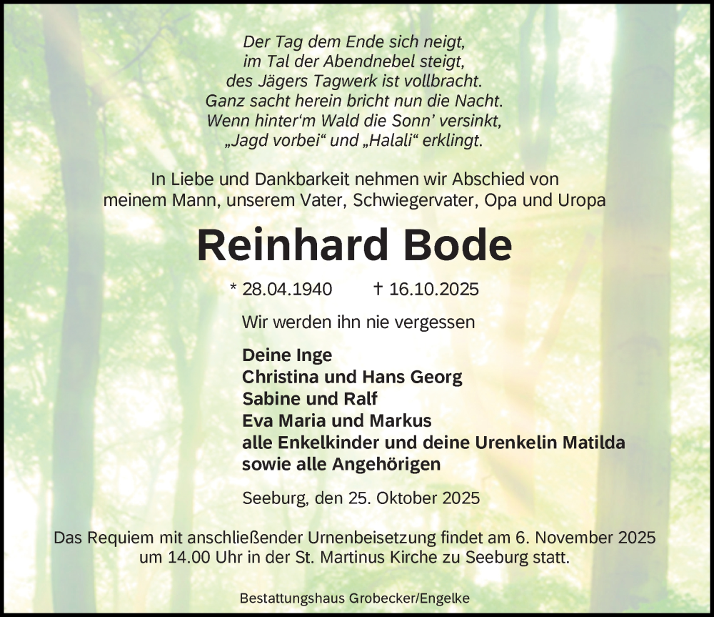  Traueranzeige für Reinhard Bode vom 25.10.2025 aus Eichsfelder Tageblatt