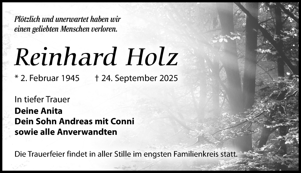  Traueranzeige für Reinhard Holz vom 11.10.2025 aus Wochenspiegel