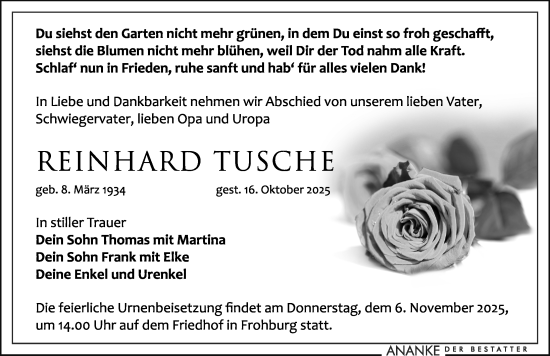 Traueranzeige von Reinhard Tusche von Leipziger Volkszeitung