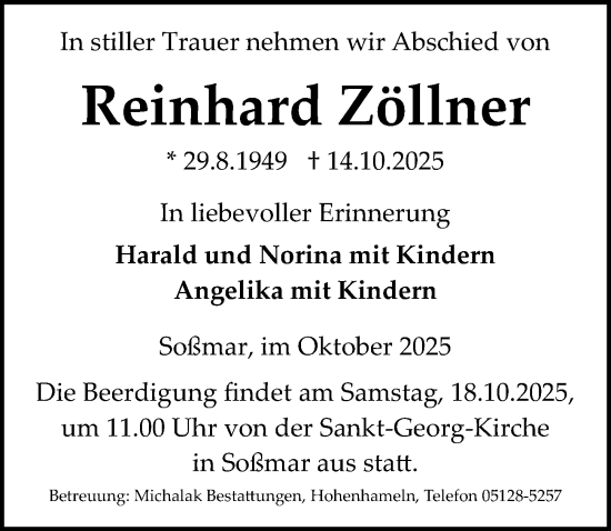 Traueranzeige von Reinhard Zöllner von Peiner Allgemeine Zeitung