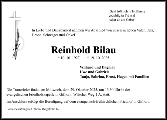 Traueranzeige von Reinhold Bilau von Aller Zeitung