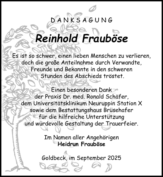 Traueranzeige von Reinhold Frauböse von Wochenspiegel