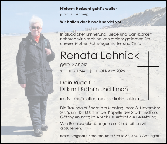 Traueranzeige von Renata Lehnick von Göttinger Tageblatt