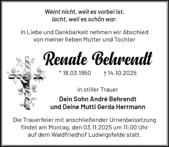 Traueranzeige von Renate Behrendt von Märkischen Allgemeine Zeitung