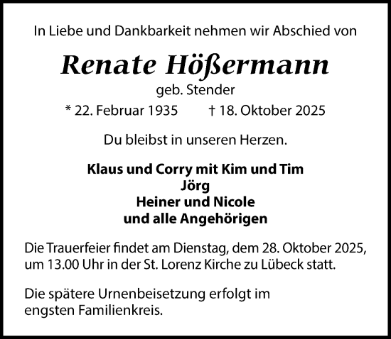 Traueranzeige von Renate Hößermann von Lübecker Nachrichten