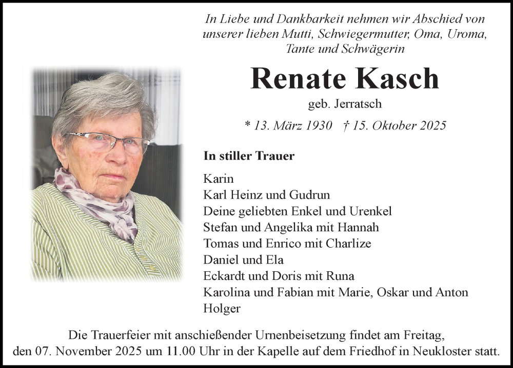  Traueranzeige für Renate Kasch vom 01.11.2025 aus Ostsee-Zeitung GmbH