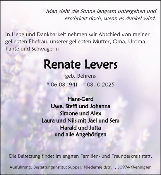Traueranzeige von Renate Levers von Hannoversche Allgemeine Zeitung/Neue Presse