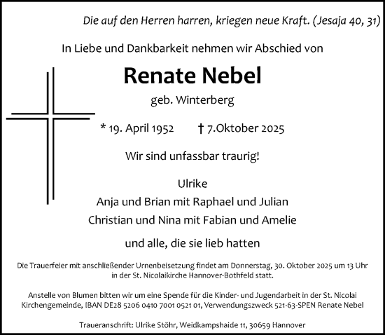 Traueranzeige von Renate Nebel von Hannoversche Allgemeine Zeitung/Neue Presse