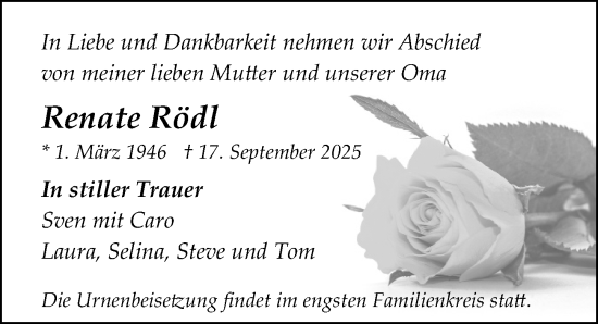 Traueranzeige von Renate Rödl von Sächsische Zeitung