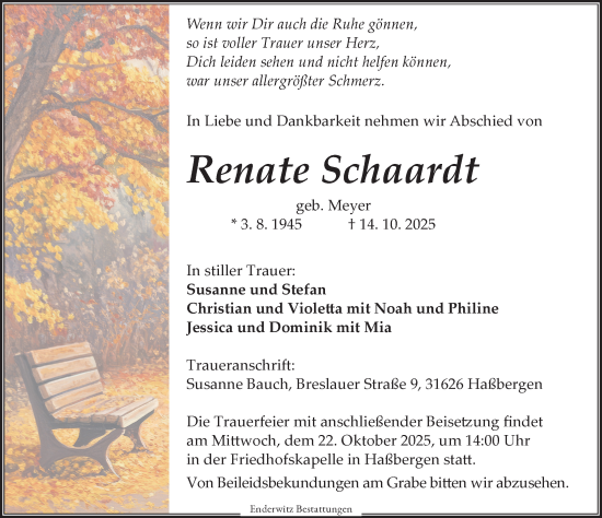 Traueranzeige von Renate Schaardt von Die Harke