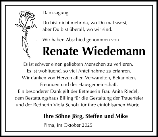 Traueranzeige von Renate Wiedemann von Sächsische Zeitung